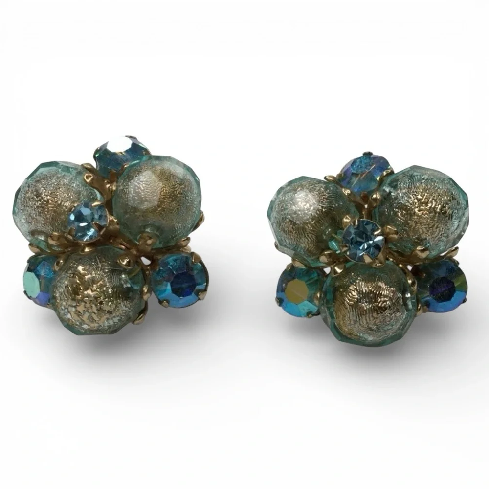Reserved -Vintage Signed VOGUE Cluster Earrings Gold Tone, Blue & AB Rhinestones - Picture 4 of 12
